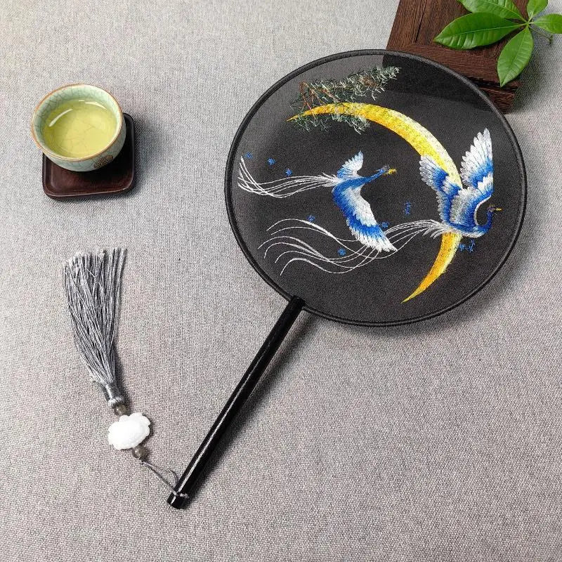 Su Embroidery Silk Round Hand Fan – Wooden Handle & Tassel