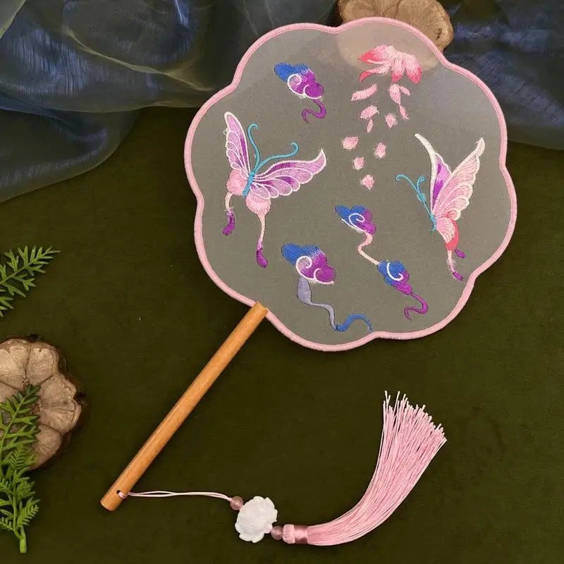 Su Embroidery Silk Round Hand Fan – Wooden Handle & Tassel