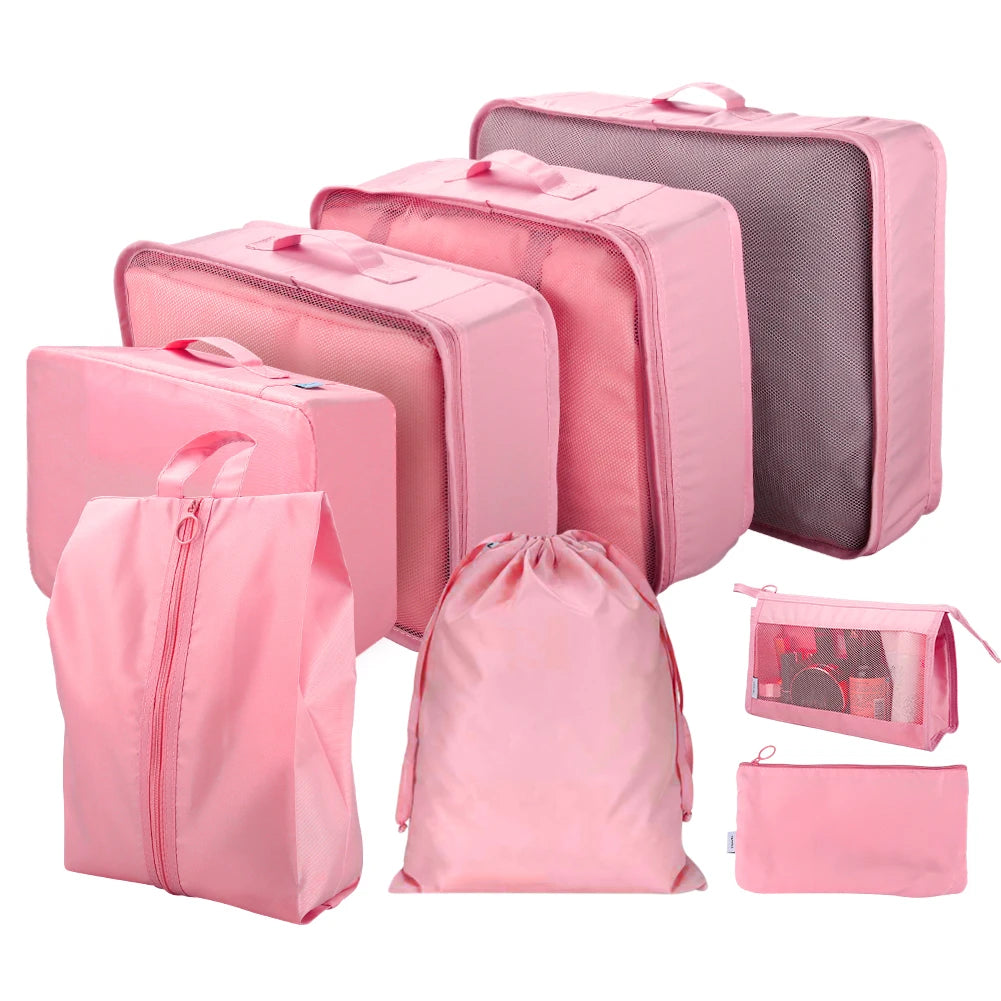 8Pcs/Set Travel Organizer Storage Bags Suitcase Packing Cubes Set Cases Portable Luggage Clothes Shoe Tidy Pouch Folding Bags Peaceful Pleasures Health and Wellness 8Pcs Pink