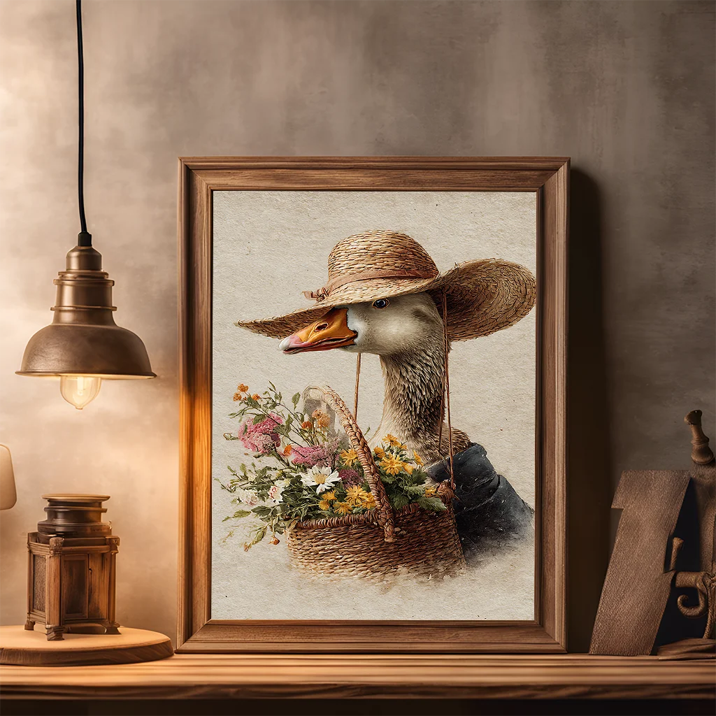 Vintage Animal Wall Art, Whimsical Duck Floral Canvas Painting, Cute Farm Mallard Poster Print for Bedroom Living Room Decor Peaceful Pleasures Health and Wellness
