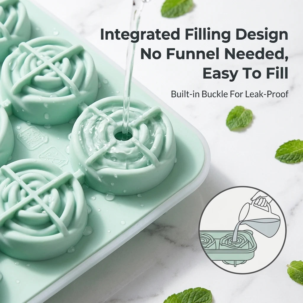 Food-grade silicone 6-piece rose ice cube tray with leak-proof funnel and buckle for DIY ice molds and ice cube molds Peaceful Pleasures Health and Wellness