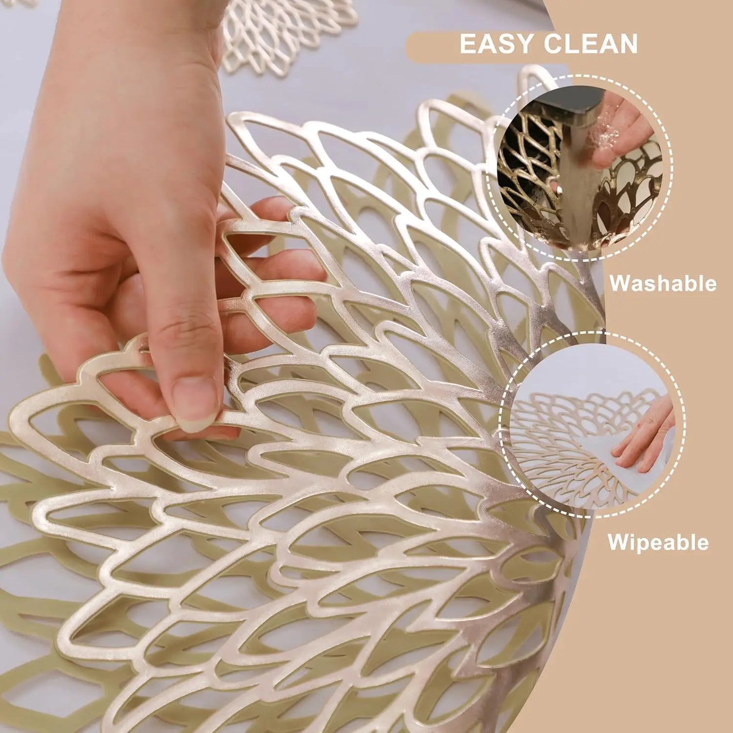PVC Placemats Sets Round Leaf Place Mats Washable Heat Resistant Vinyl Table Mats for Kitchen Dining Table Wedding Placemat Peaceful Pleasures Health and Wellness