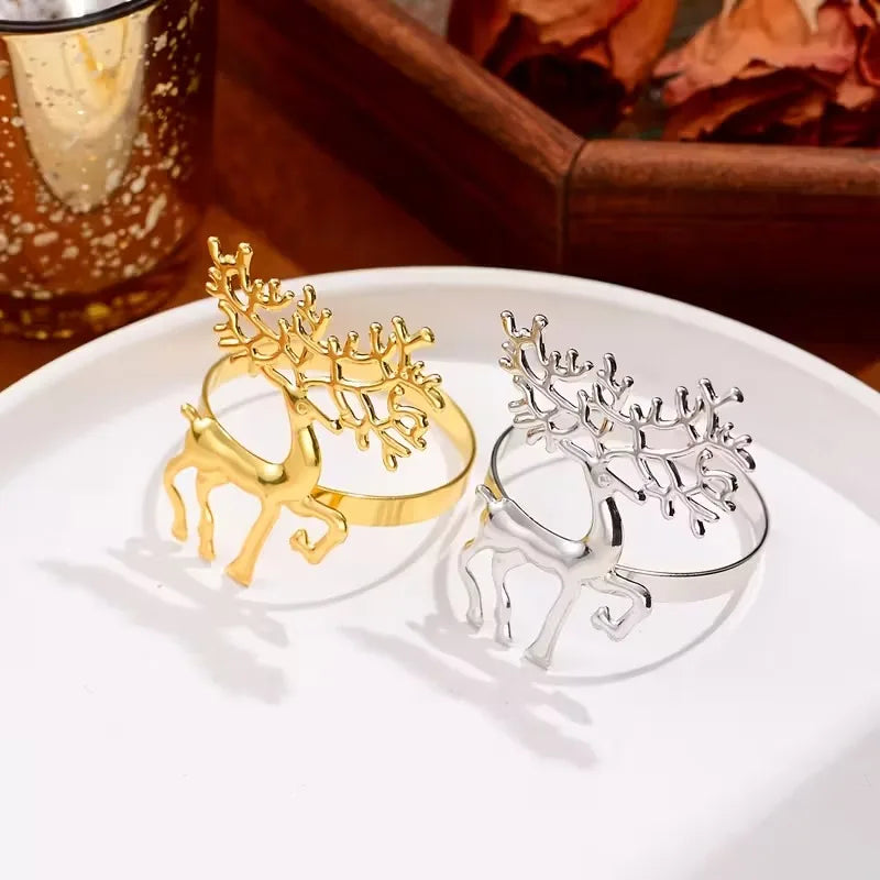 Gold Elk Christmas Napkin Rings Set 6/12/24 | Holiday Table Decor