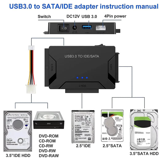 SATA/IDE to USB 3.0 Adapter Hard Drive Adapter Converter for Universal 2.5/3.5 Inch IDE SATA HDD SSD with 12V 2A Power Adapter Peaceful Pleasures Health and Wellness