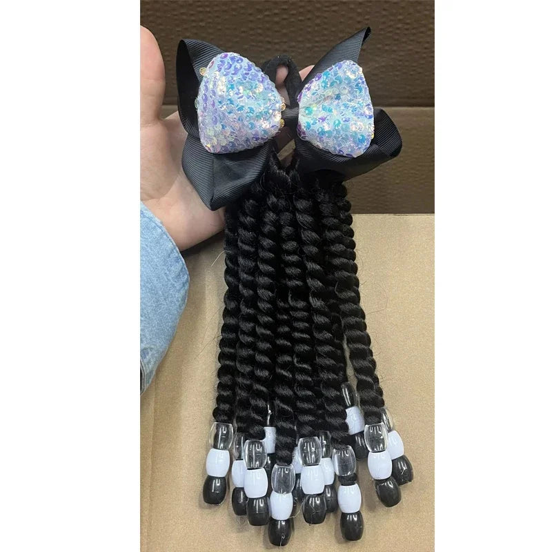 2PCS Hair 2024 New Little Girls Braided Ponytails with Beads Kids Girls Hair Bow Glitter Shinny Shining with Big Balls Bubbles Peaceful Pleasures Health and Wellness Bows 6