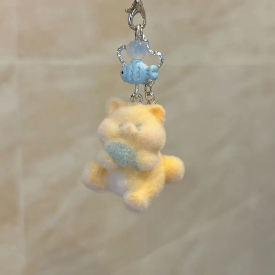 Cute Cartoon Cat Eating Fish Plush Pendant Flocking Keychain Girlish Heart Bag Charm Lovely Dolls Hanging Accessory Decoration Peaceful Pleasures Health and Wellness A