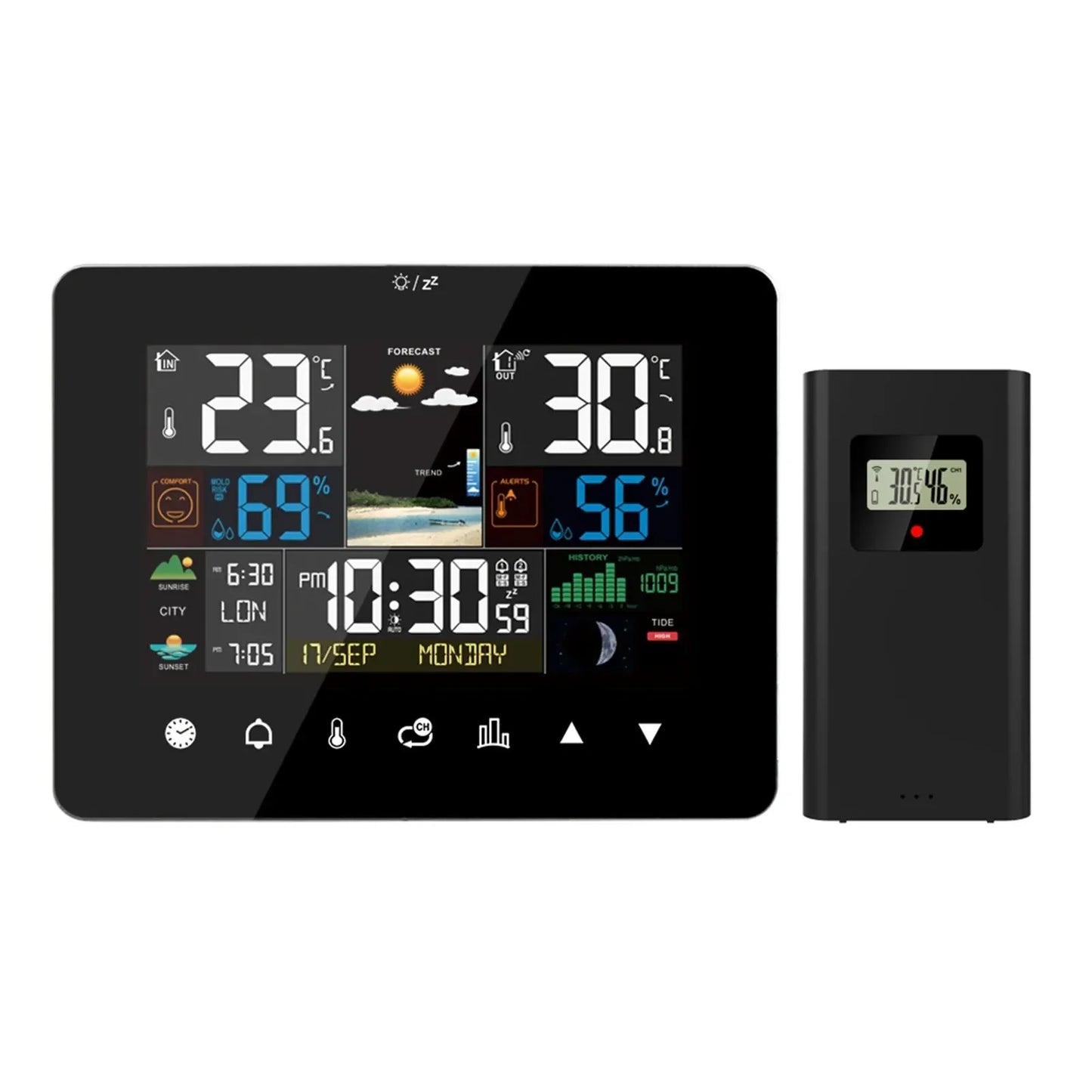 Multifunction Weather Station Alarm Clock Thermometer Hygrometer Touch Screen Wireless Sensor Sunrise Sunset Hygrothermograph Peaceful Pleasures Health and Wellness black 1