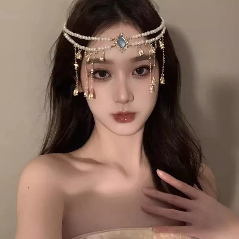 Exotic White Pearl Headwear Lily of The Valley Head Chain Versatile Unique for Women Retro Ethnic Style Hair Chain High-end Feel Peaceful Pleasures Health and Wellness TS240904blue