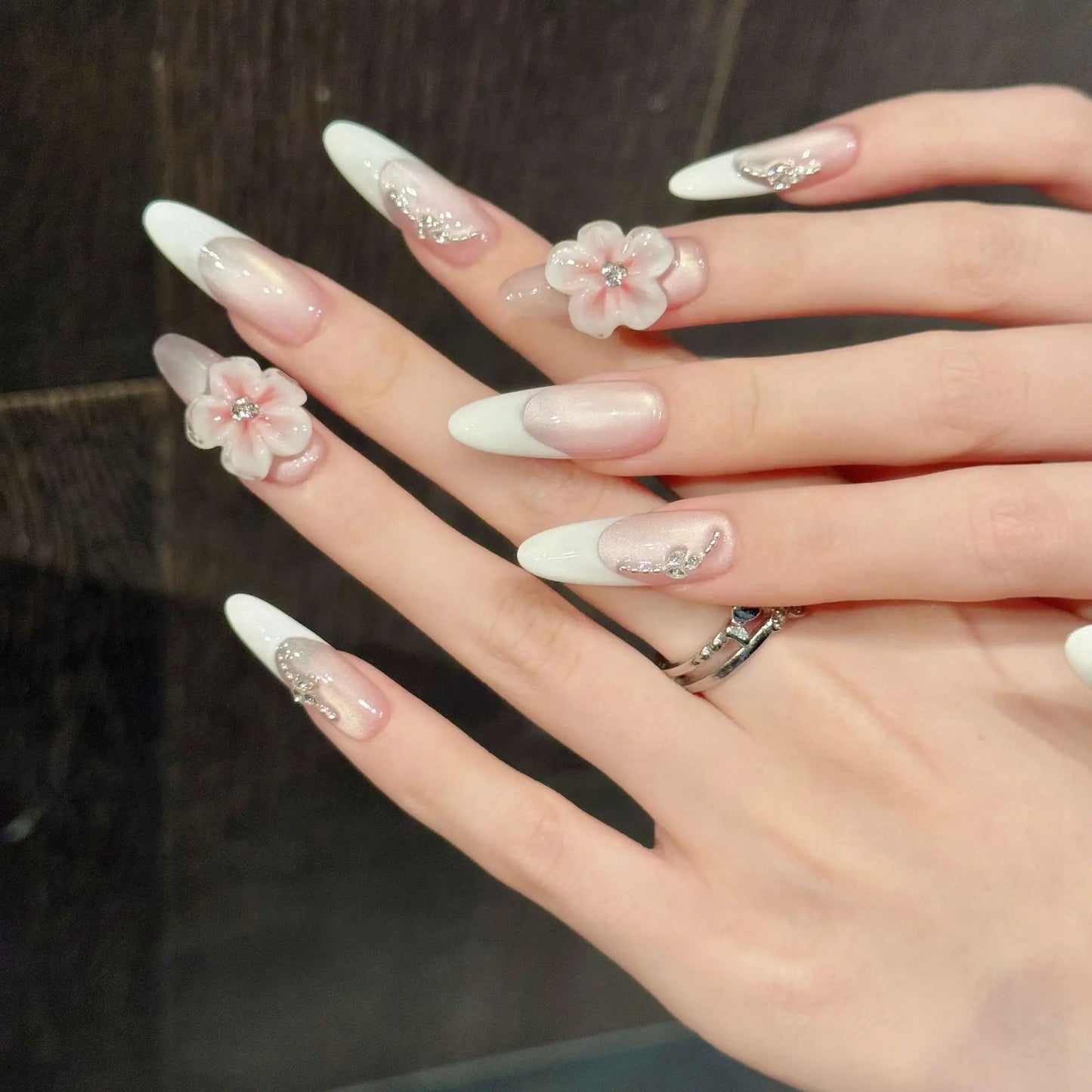 10pcs Handmade Press on Nails White French Cat Eye Fake Nails with 3d Carving Flowers Wearable Reusable Ins Simple False Nails Peaceful Pleasures Health and Wellness