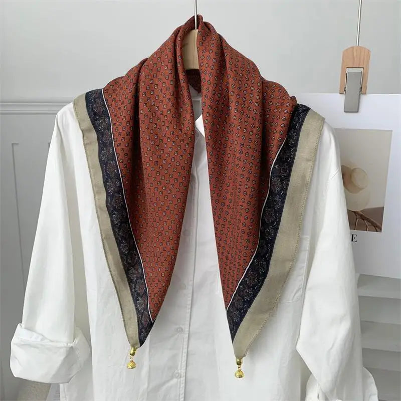 70x70 Retro Print Square Silk Scarf with Magnetic Buckle