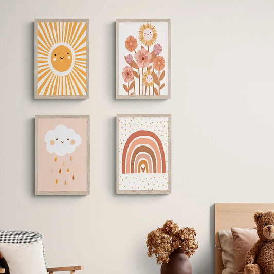 Colorful Rainbow Sun Cloud flower Poster Prints Wall Art Boho Style Canvas Painting for Child Nursery Decoration Girl Room Art Peaceful Pleasures Health and Wellness