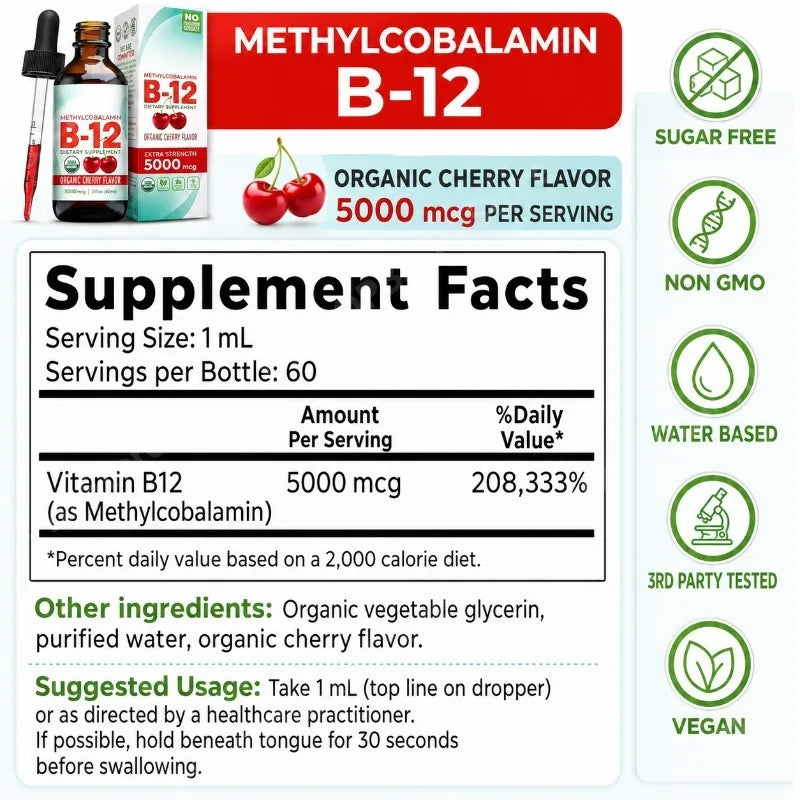 Methylcobalamin B12 5000mcg Liquid Drops | Organic Cherry 60ml