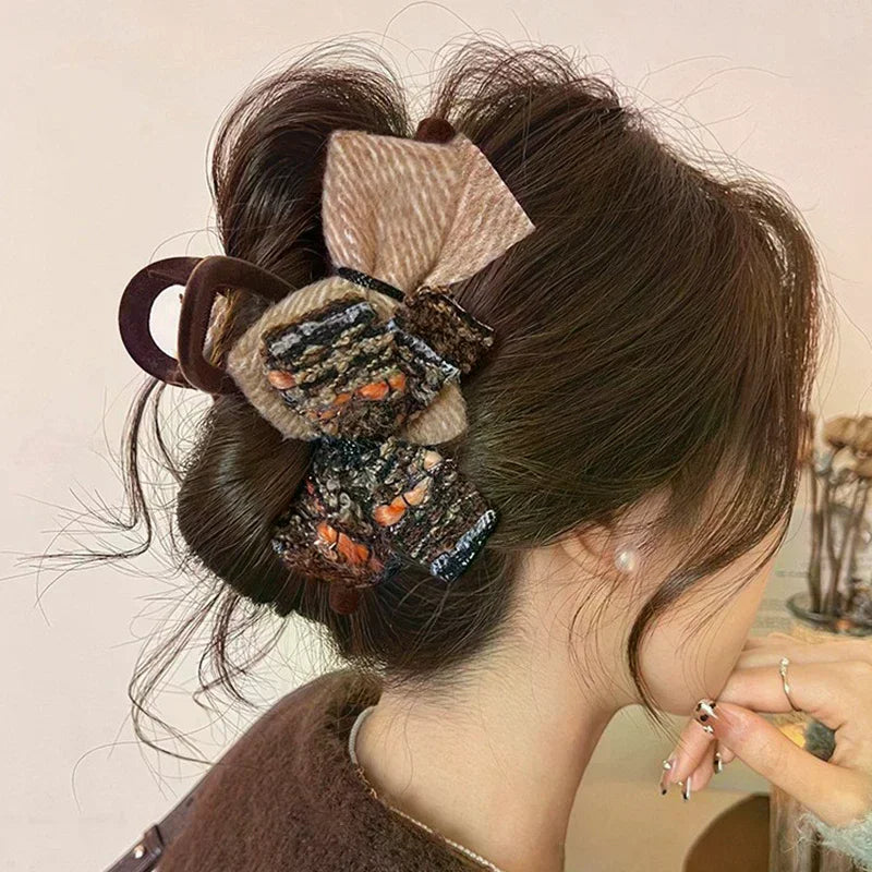 Retro Double Bow Color-Block Large Shark Hair Clip for Women