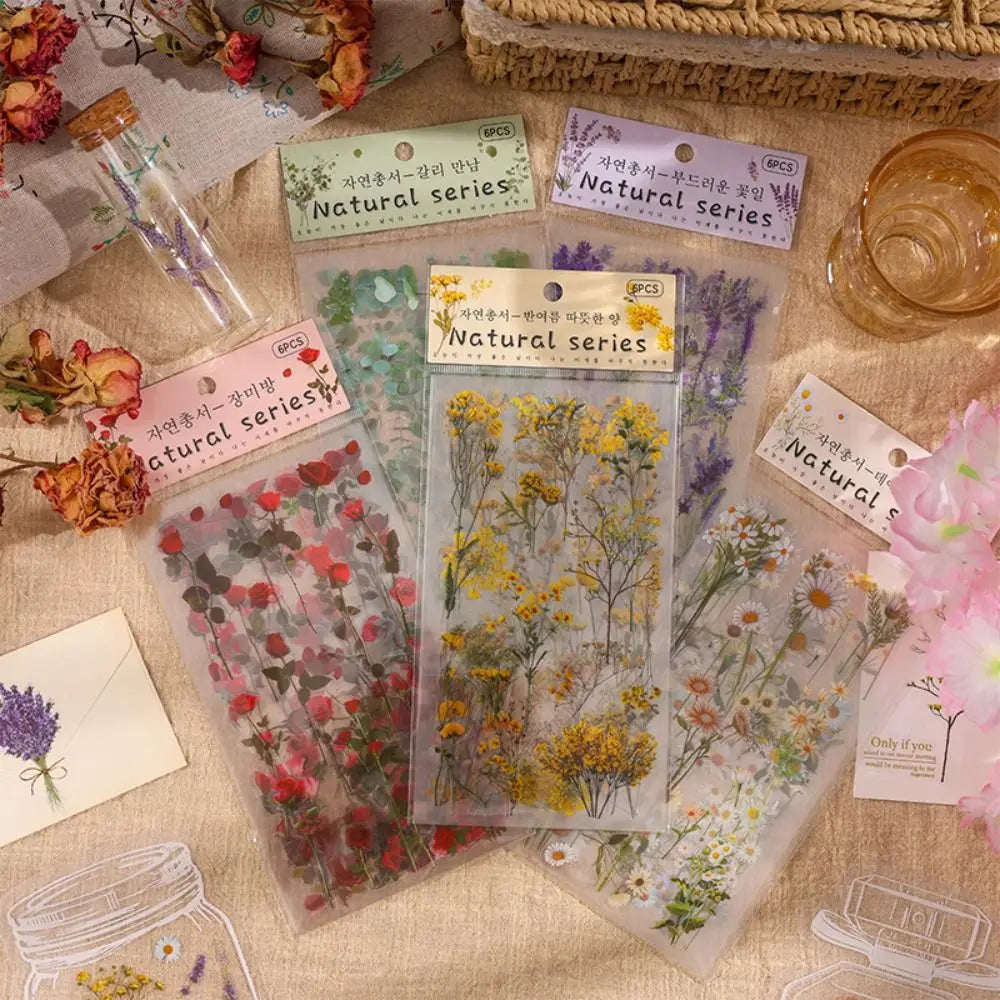 6 pcs/pack Nature PVC Plant Flower Sticker Vintage DIY sticker Scrapbook Stickers Adhesive Clear PET Transparent Flower Stickers Peaceful Pleasures Health and Wellness