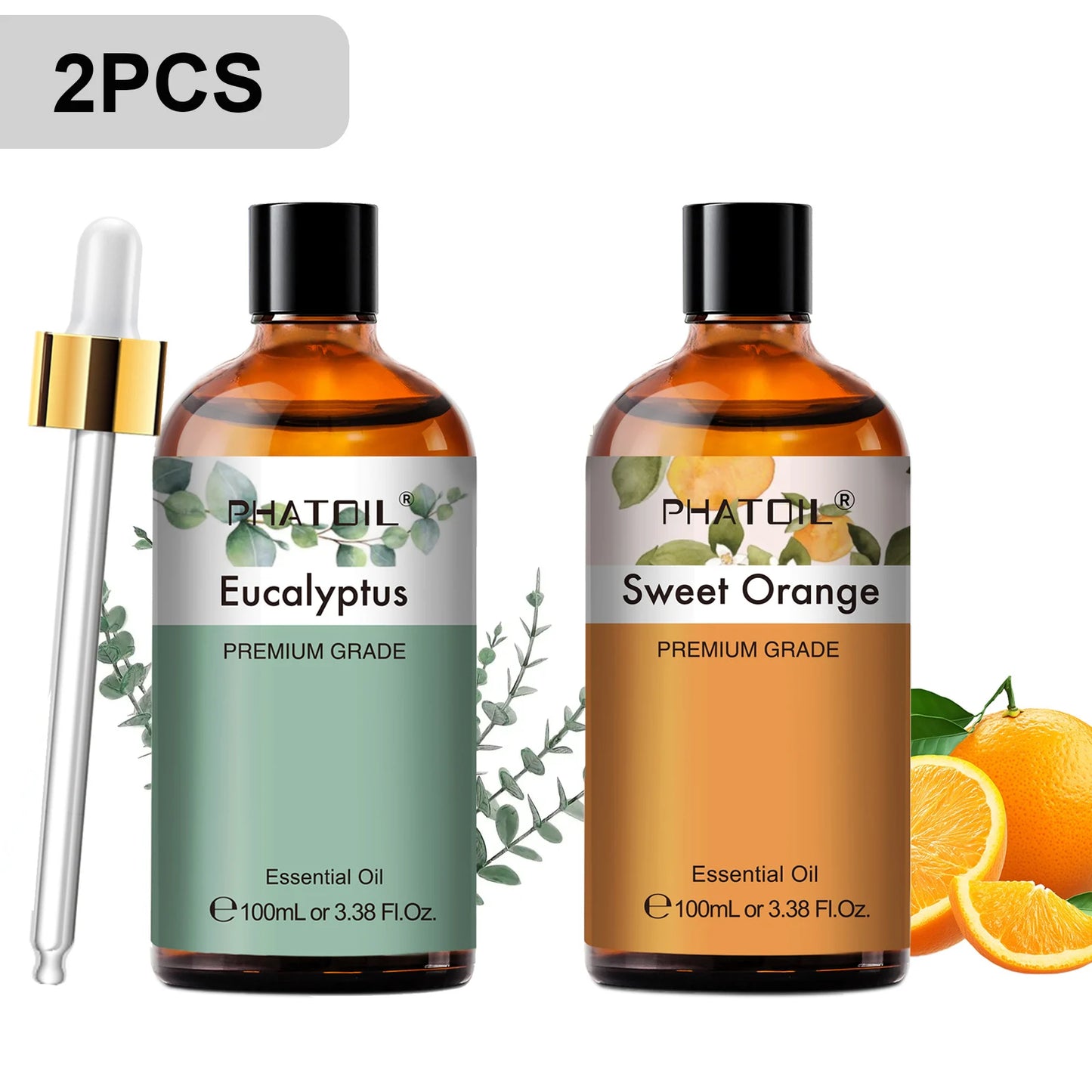 PHATOIL 2pcs/1pcs Lavender Aromatherapy Essential Oil For Diffuser,Candle Making-100ml Eucalyptus Jasmine Vanilla Cinnamon Oils Peaceful Pleasures Health and Wellness Eucalyptus Orange 100ml