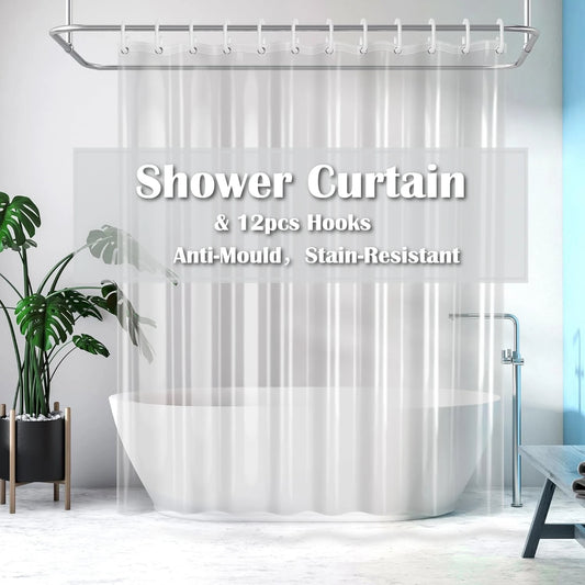 Shower Curtain with 12pc Hooks 180/200CM Bath Curtain Liners Rust-Proof Grommets Anti-Mould Waterproof Bathroom Curtains Peaceful Pleasures Health and Wellness