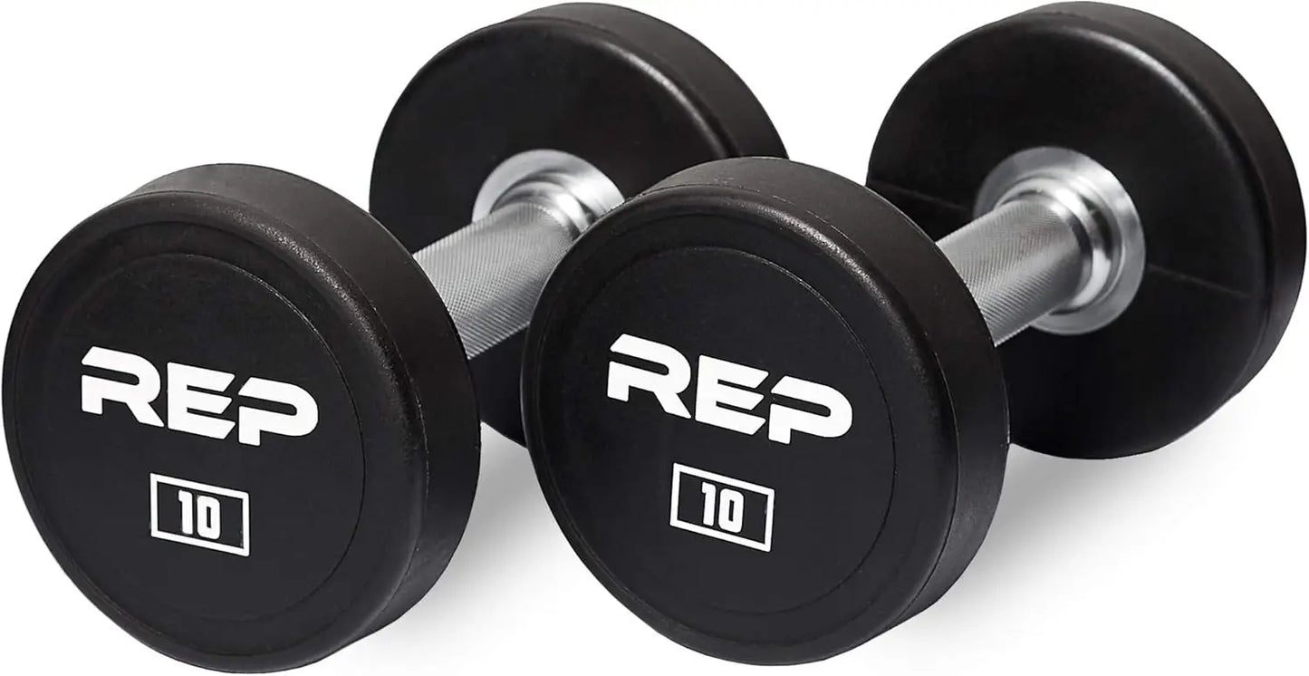 Pair of black dumbbells with 'REP' branding on a white background