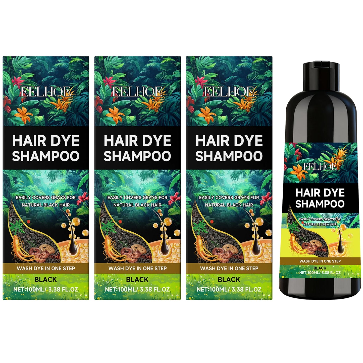 Black Hair Dyeing Shampoo Covering White Hair Enhancing Hair Shine Nourishing Root Beauty Hair Moisturizing Hairdressing Shampoo Peaceful Pleasures Health and Wellness 3 x 100ml Boxed