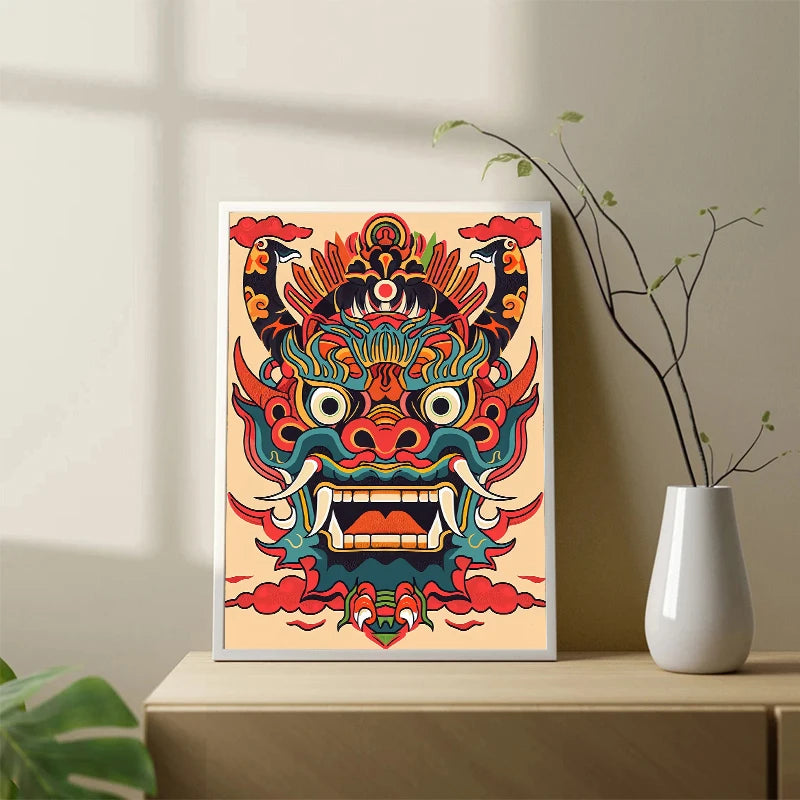 Japanese Oni Samurai Yokai Mask Canvas Wall Art Poster Print Canvas Wall Art Print Peaceful Pleasures Health and Wellness