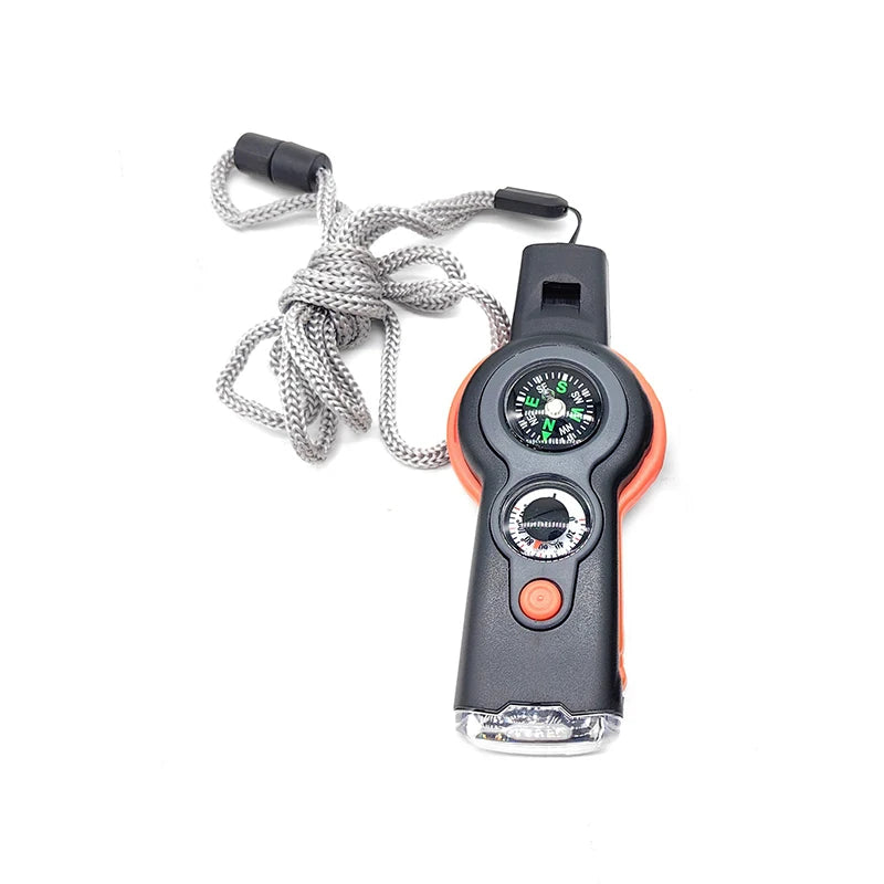 7-in-1 Multi-functional Whistle Outdoor Compass Thermometer LED Light Survival Flashlight Reverse Mirror Magnifying Glass Peaceful Pleasures Health and Wellness orange