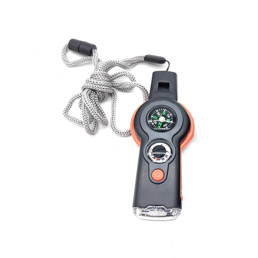 7-in-1 Multi-functional Whistle Outdoor Compass Thermometer LED Light Survival Flashlight Reverse Mirror Magnifying Glass Peaceful Pleasures Health and Wellness orange