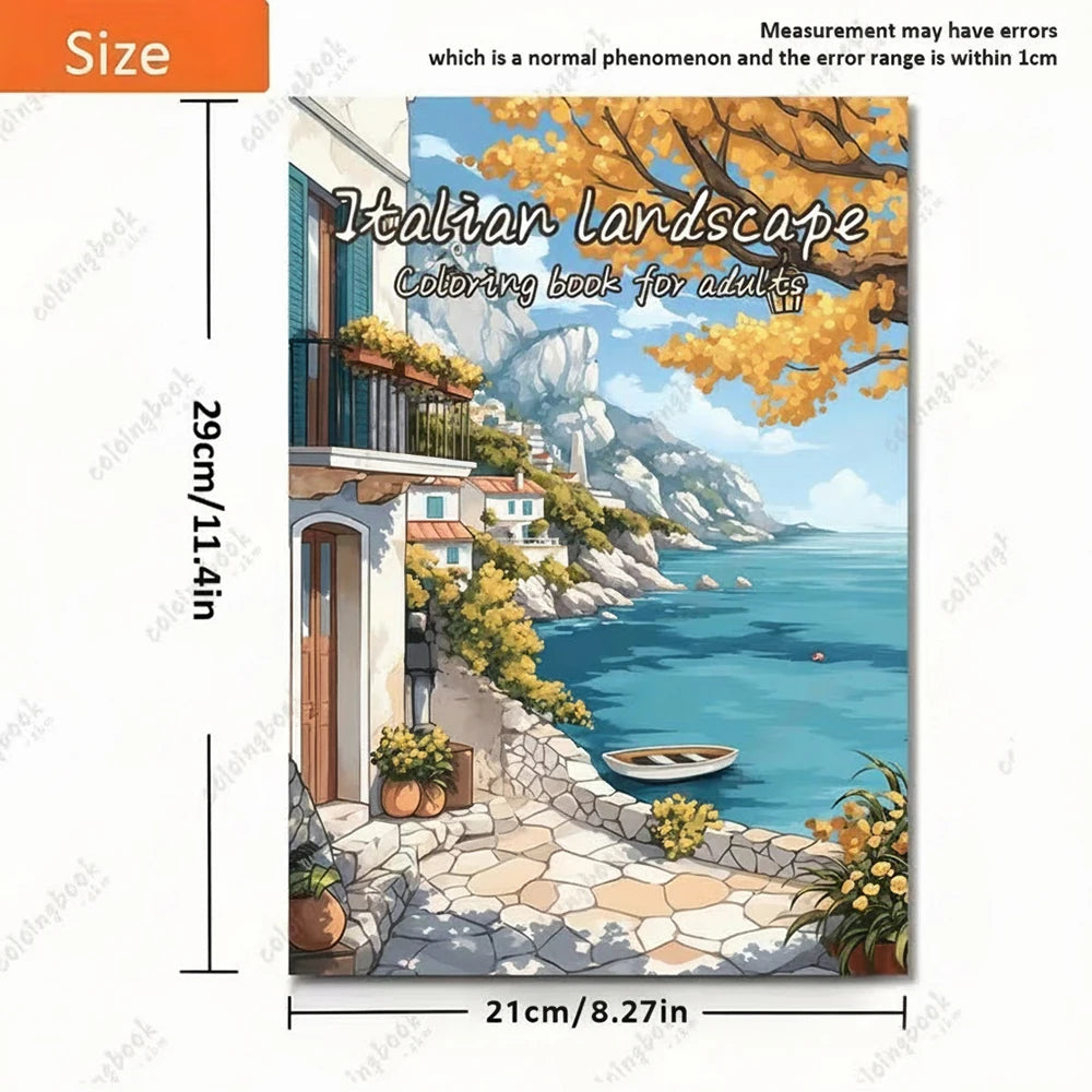 24 Page A4 Italian Architectural Landscape Coloring Book Leisurely