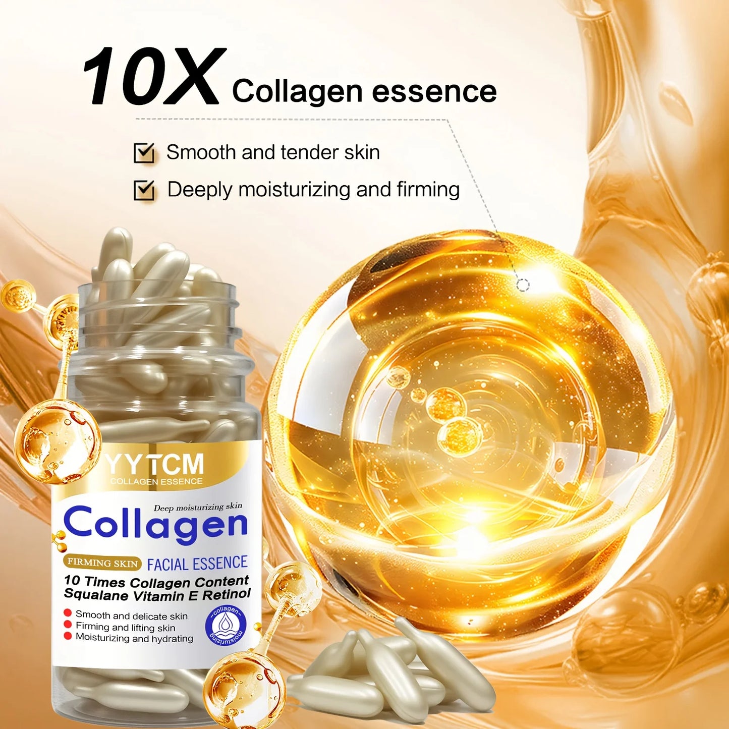 Collagen Firming Capsule Essence, Moisturizing and Smoothing the Skin, Contains Plant-Based Squalane, Retinol, and Vitamin E Deep Hydration Essence (0.4Gx90 Capsules)/Bottle-1 Bottle Peaceful Pleasures Health and Wellness