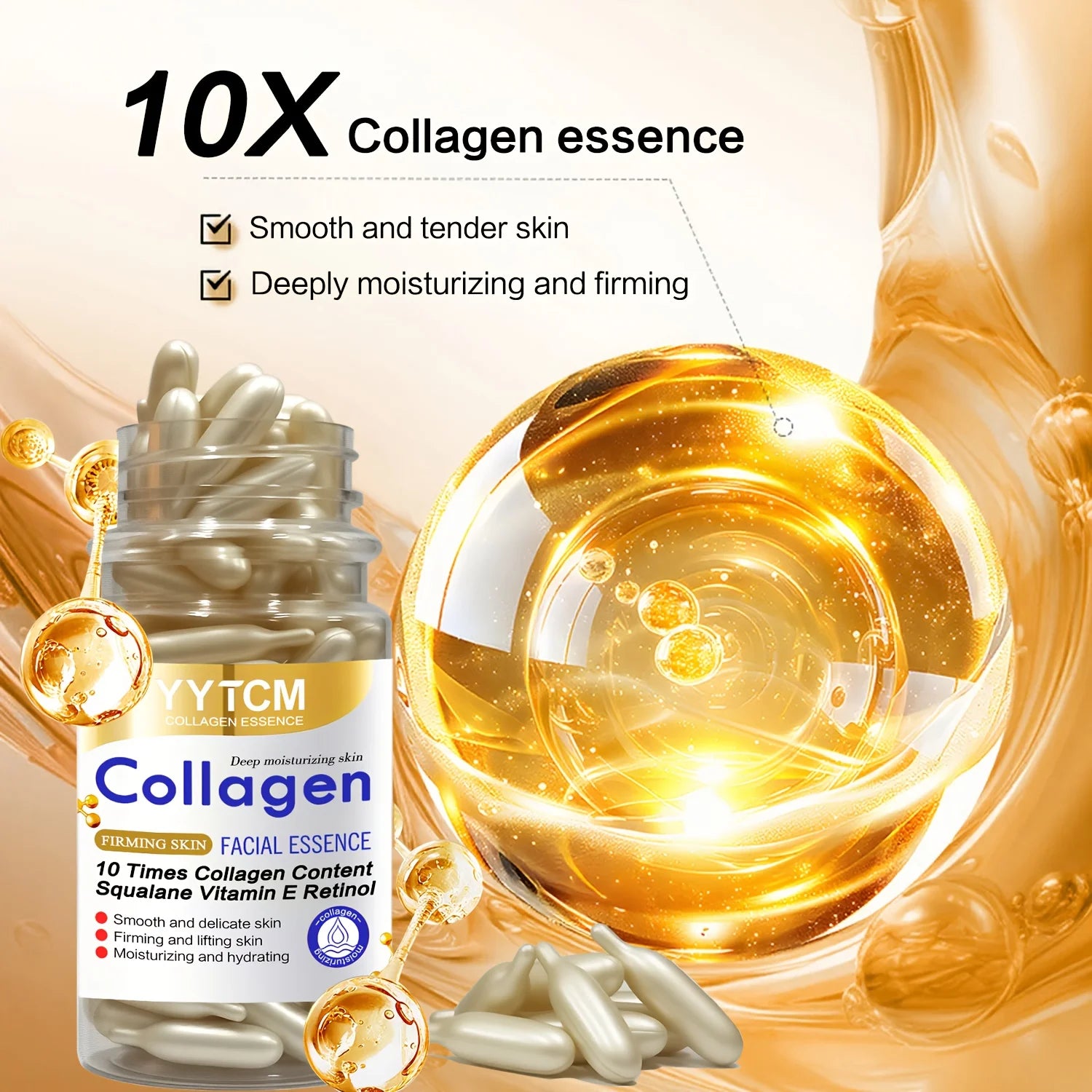 Collagen Firming Capsule Essence, Moisturizing and Smoothing the Skin, Contains Plant-Based Squalane, Retinol, and Vitamin E Deep Hydration Essence (0.4Gx90 Capsules)/Bottle-1 Bottle Peaceful Pleasures Health and Wellness