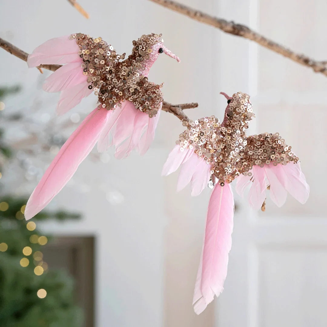 2PCS Feathered Hummingbird Christmas Tree Ornaments | Glitter Birds