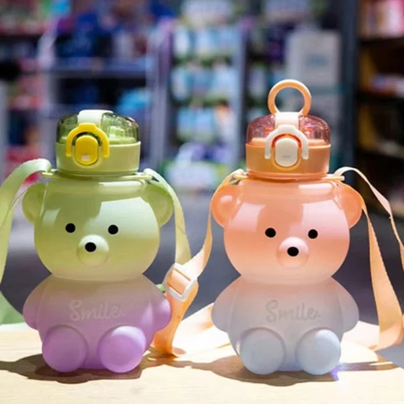 800ml Cute Straw Water Bottle with Rope Portable Bear Gradient Water Cup Large-Capacity Leak-Proof Drinking Mug for Kids Girls Peaceful Pleasures Health and Wellness