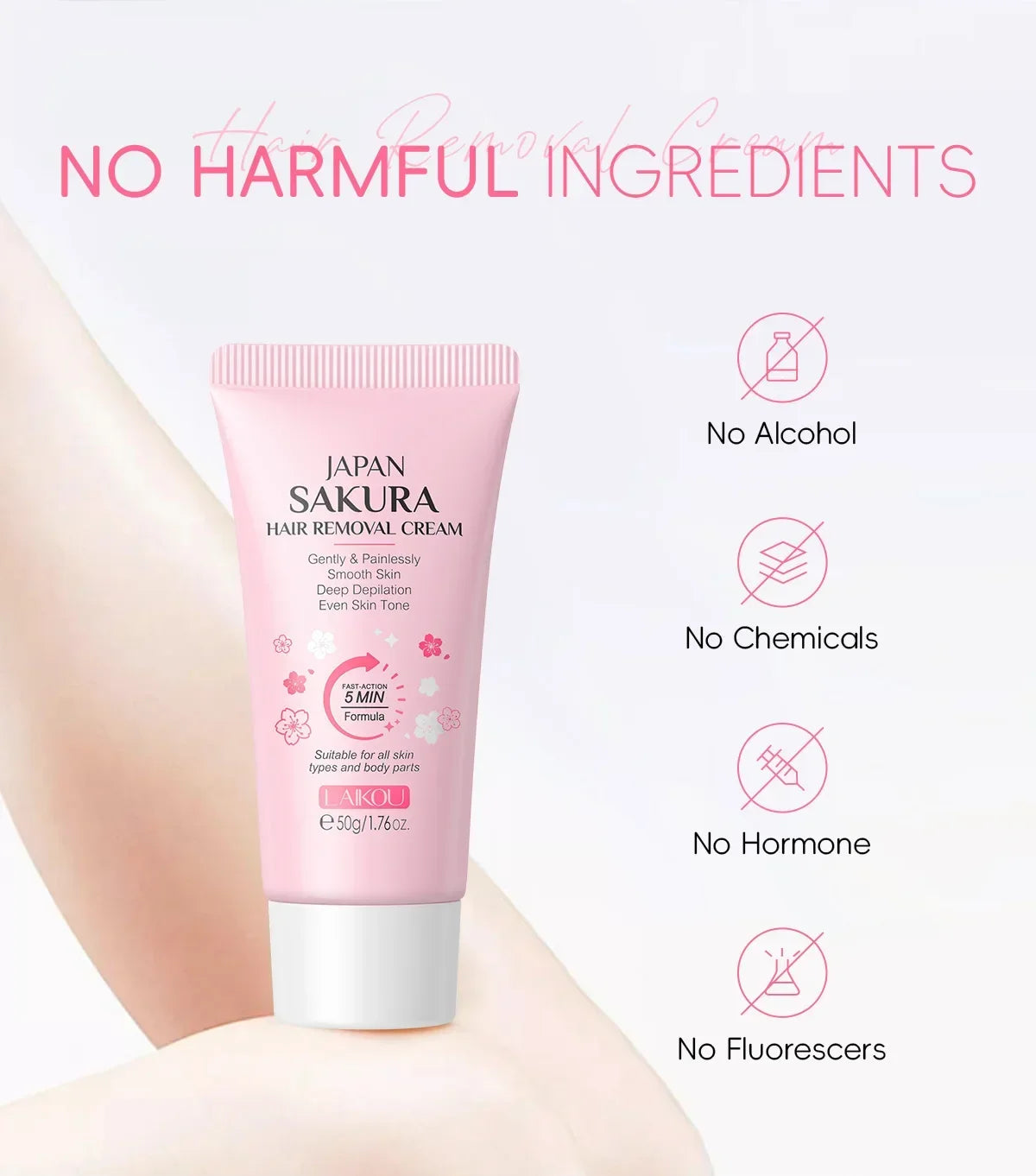 LAIKOU Sakura Hair Removal Cream Fast Painless Hair Growth Inhibitor Arm Armpit Legs Intimate Areas for Men Woman 50g Peaceful Pleasures Health and Wellness