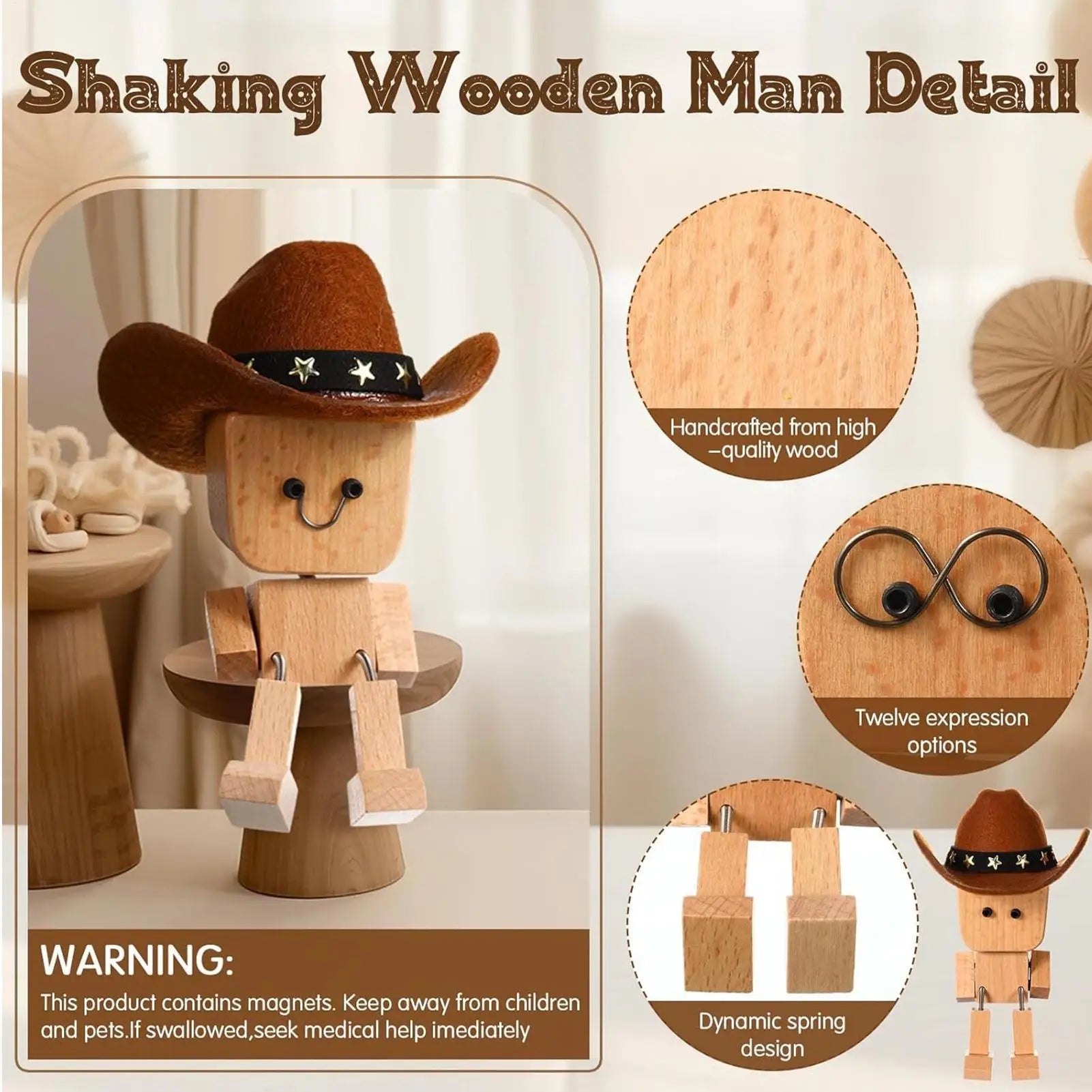 Wobbly Wooden Cowboy Figurine | Spring Shaking Dashboard Toy Novelty Desk Figurine Peaceful Pleasures Health and Wellness