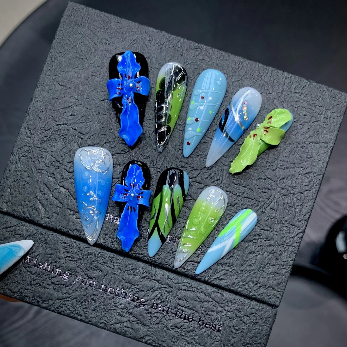 10pcs Handmade Press on Nails Summer 3D Tropical Flower Fake Nails Wearable Detachable Colorful Long Pointed False Nail Tips Peaceful Pleasures Health and Wellness
