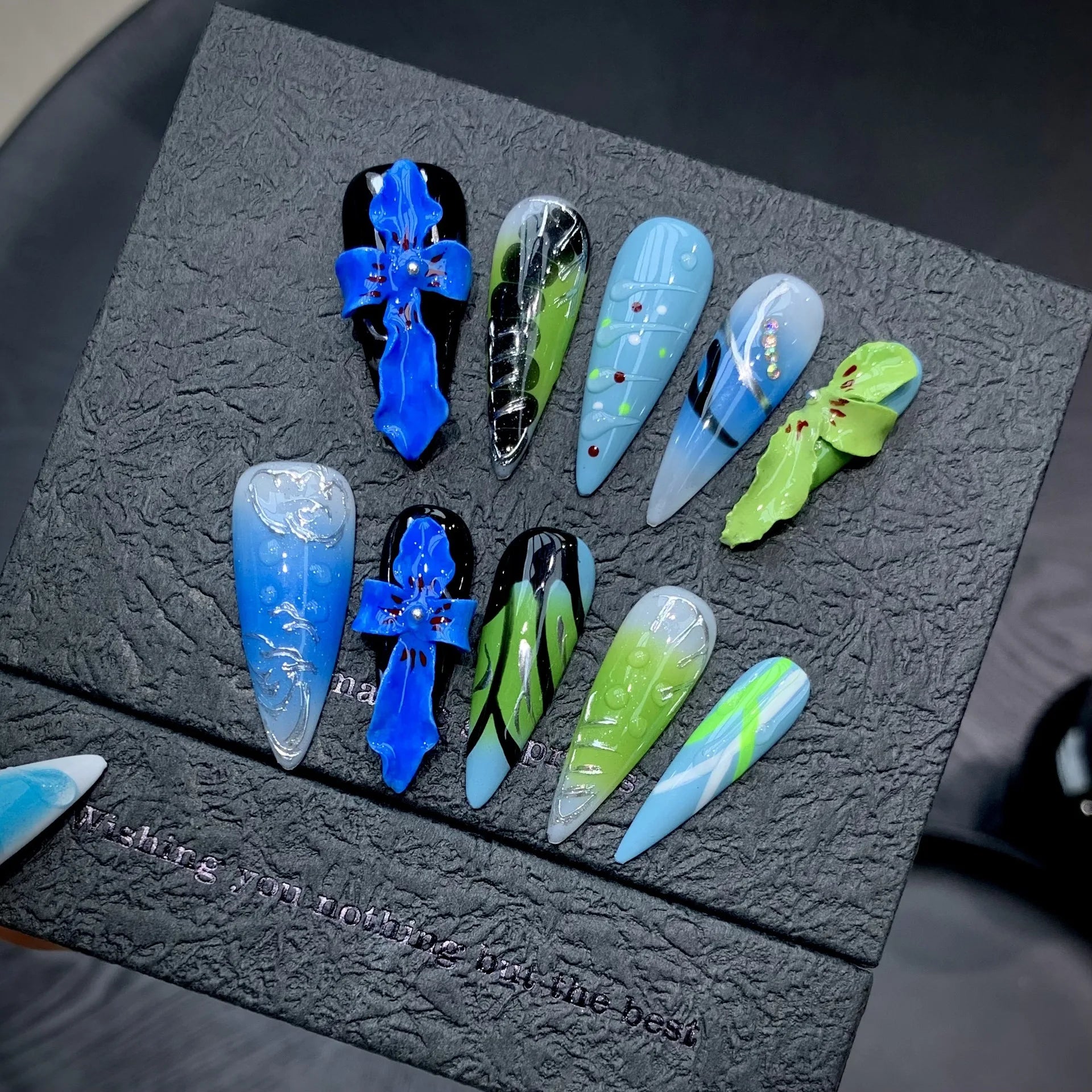 10pcs Handmade Press on Nails Summer 3D Tropical Flower Fake Nails Wearable Detachable Colorful Long Pointed False Nail Tips Peaceful Pleasures Health and Wellness