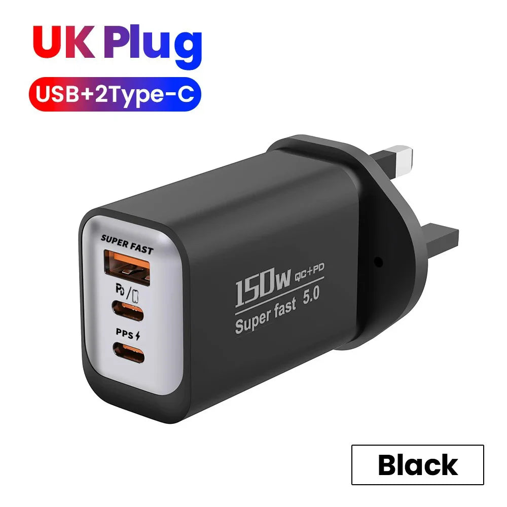 150W 3-Port USB-C Fast Charger PD3.0 QC3.0 | EU UK US Plug