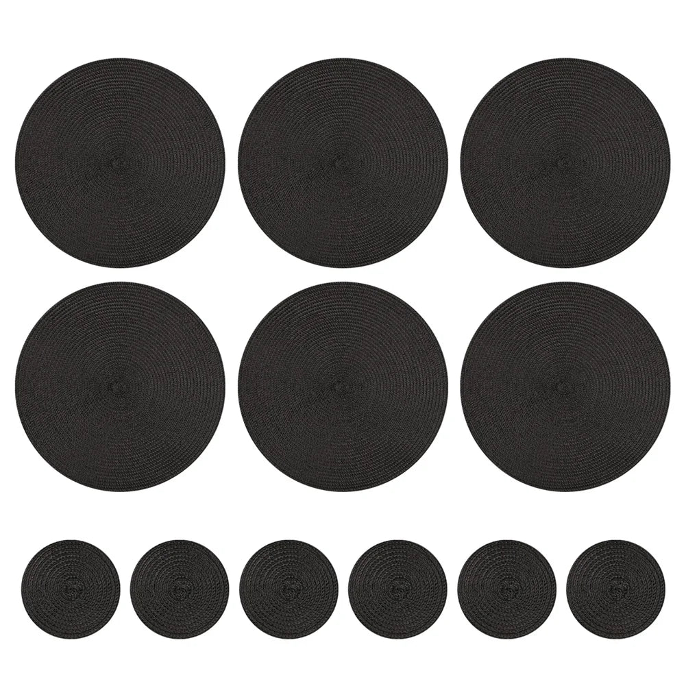 12pcs Round Braided Table Mat Washable Placemats Anti Slip Dining Tableware Bowl Pads Home Kitchen Decor Drink Cup Pad Coasters Peaceful Pleasures Health and Wellness Black 6xPlacemat 6xCoaster