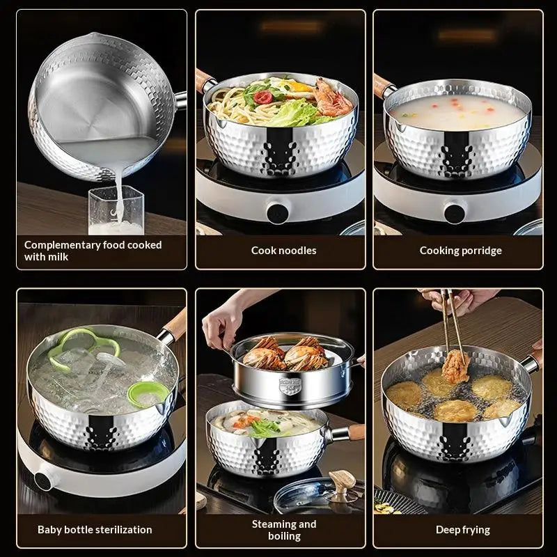 Stainless Steel Yukihira Saucepan | Wood Handle Non-Stick Pot Stainless Steel Saucepan Peaceful Pleasures Health and Wellness