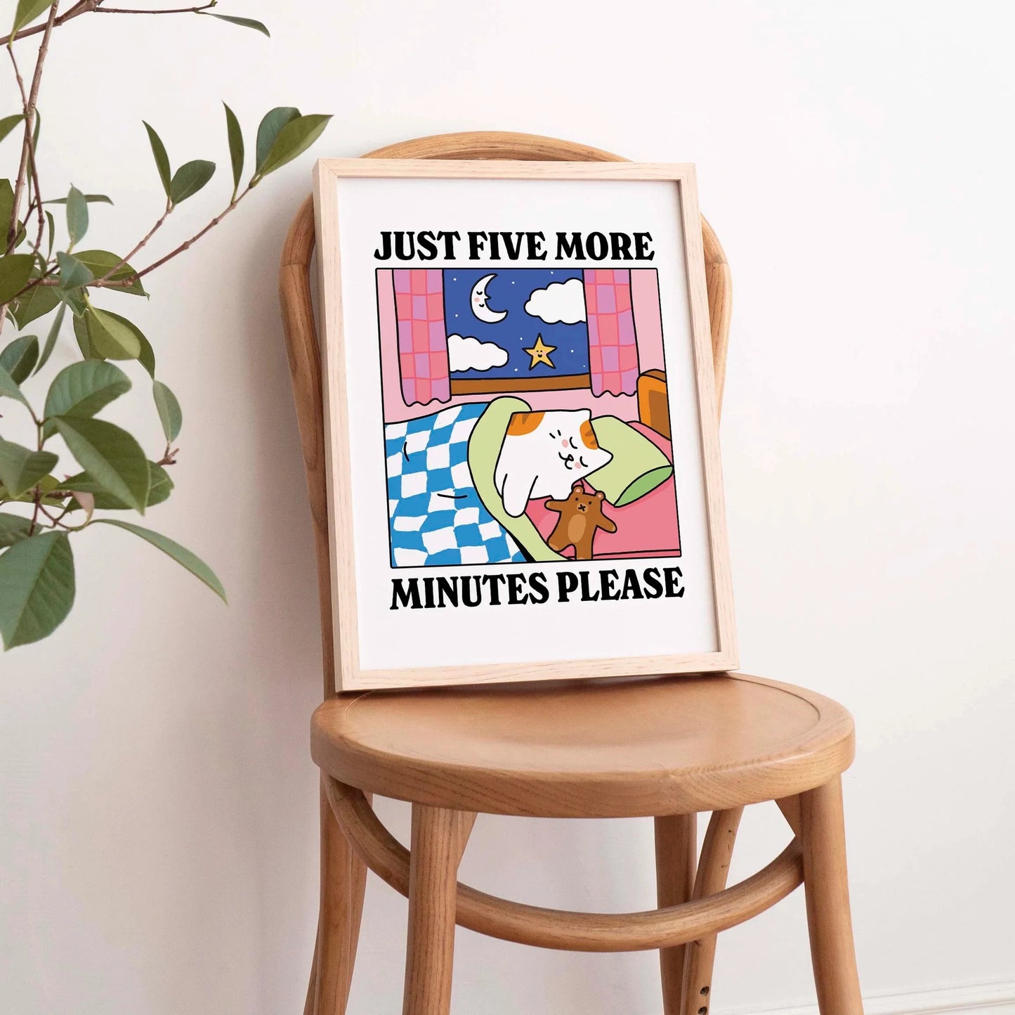 Cartoon Cat "Just Five More Minutes" Canvas Wall Art Print