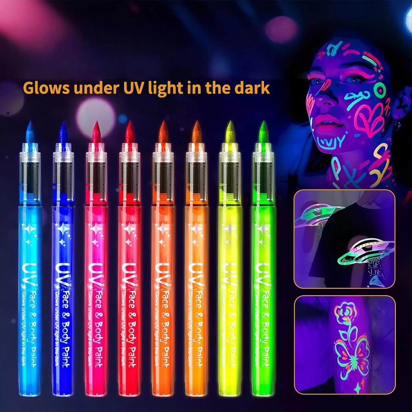 Glow in The Dark Face Paint Markers, Black Light Neon Body Paint Pens for Skin, Washable UV Temporary Tattoo for Birthday Glow Peaceful Pleasures Health and Wellness