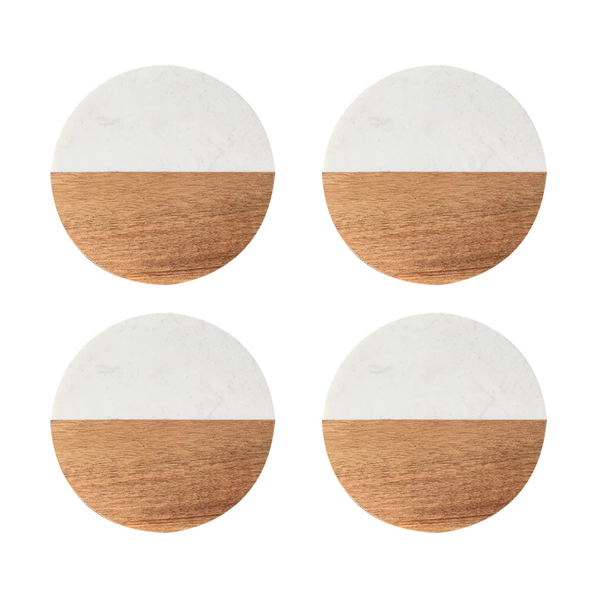 Stylish Wooden and Marble Coaster Set, Elegant Design for Coffee Tables, Durable, Perfect for Protecting Your Furniture Peaceful Pleasures Health and Wellness White Circle 4 pcs