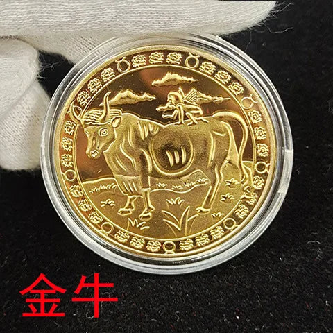 European 12 Zodiac Signs Commemorative Coin Tarot 4cm Iron Medallion Lucky Coin Wishing Coins Tooth Fairy Commemorative Coin Peaceful Pleasures Health and Wellness Taurus