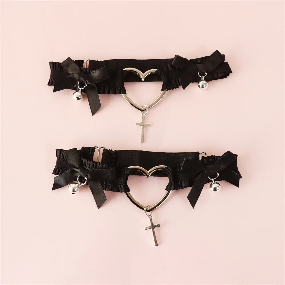 Lolita Lace Garters Leg Belt Punk Cross Heart Bow Ring Goth Elastic