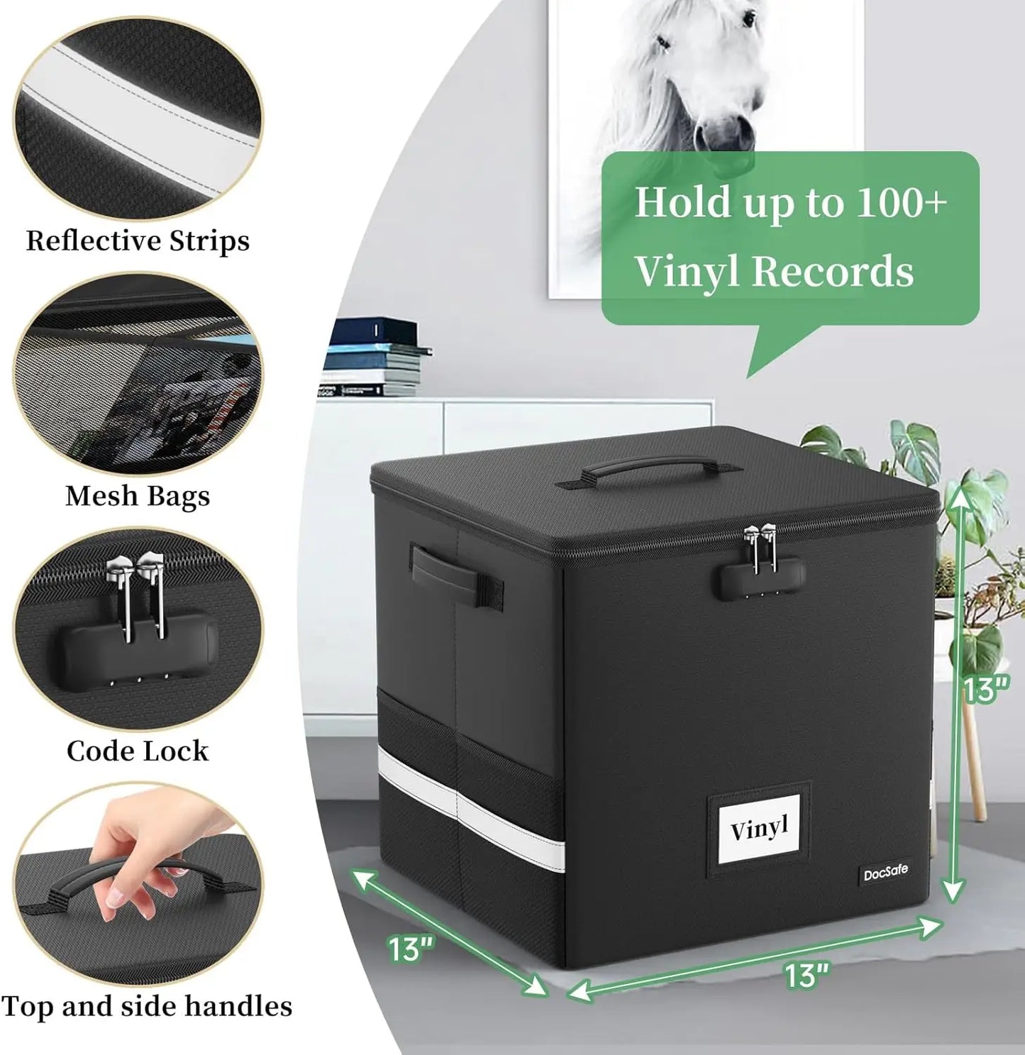 Black vinyl record storage case with features highlighted on a white background