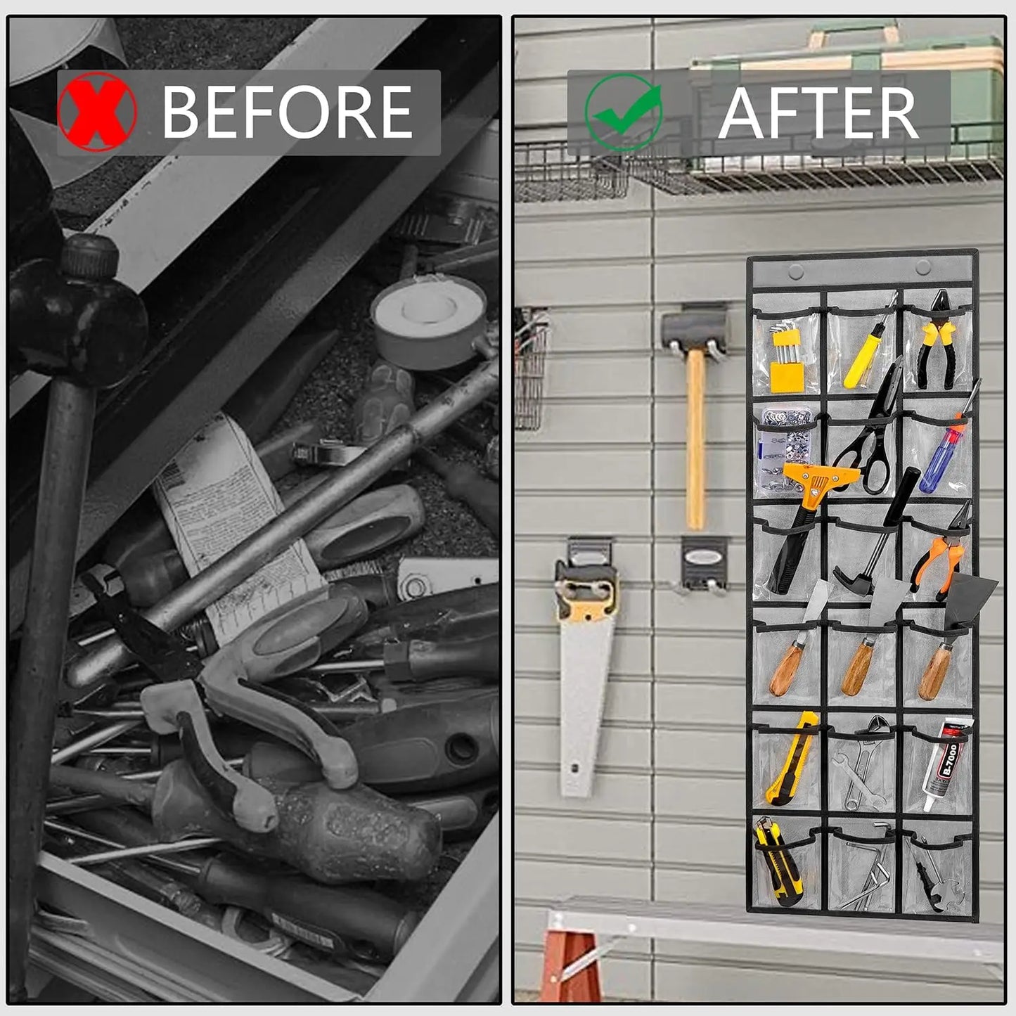 Before and after comparison of a cluttered tool area with a wall-mounted organizer.