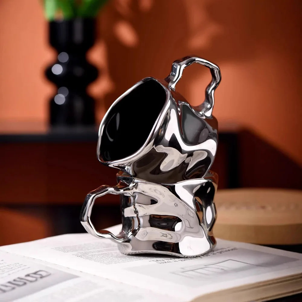 Modern Electroplated Silver Ceramic Coffee Mug | Abstract Art