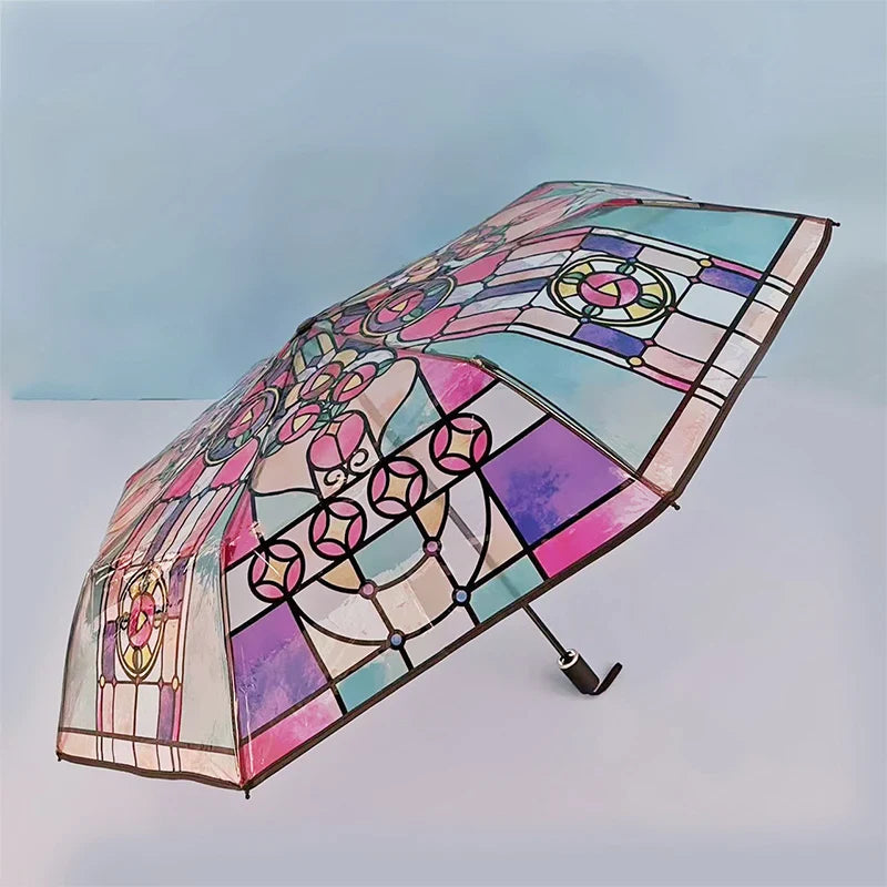 Stained Glass Transparent Folding Umbrella – Sun & Rain Use
