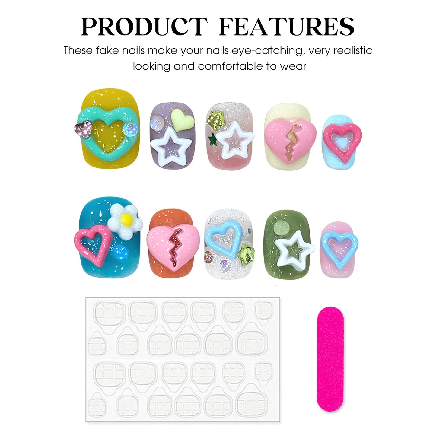 Handmade Press on Nails Cute Short 3D Colorful Heart Design False Nails Patches Ins Summer Wearable Fake Nails for Girl Wearable Peaceful Pleasures Health and Wellness