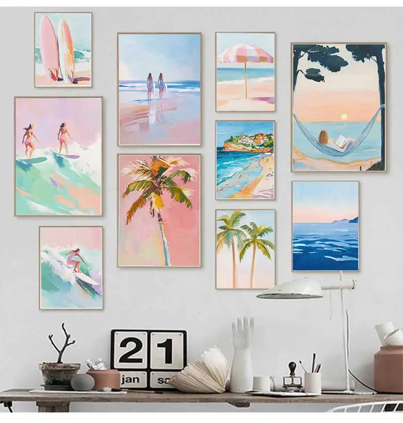 Beach Surfing Canvas Wall Art | Summer Seaside Poster Print Canvas Wall Art Peaceful Pleasures Health and Wellness