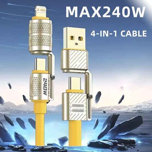 240W 4-in-1 Fast Charging Data Cable Type-C To Type-C Zinc Alloy Cable For iPhone15/16p Samsung Huawei Xiaomi Oppo iphone Peaceful Pleasures Health and Wellness 1m