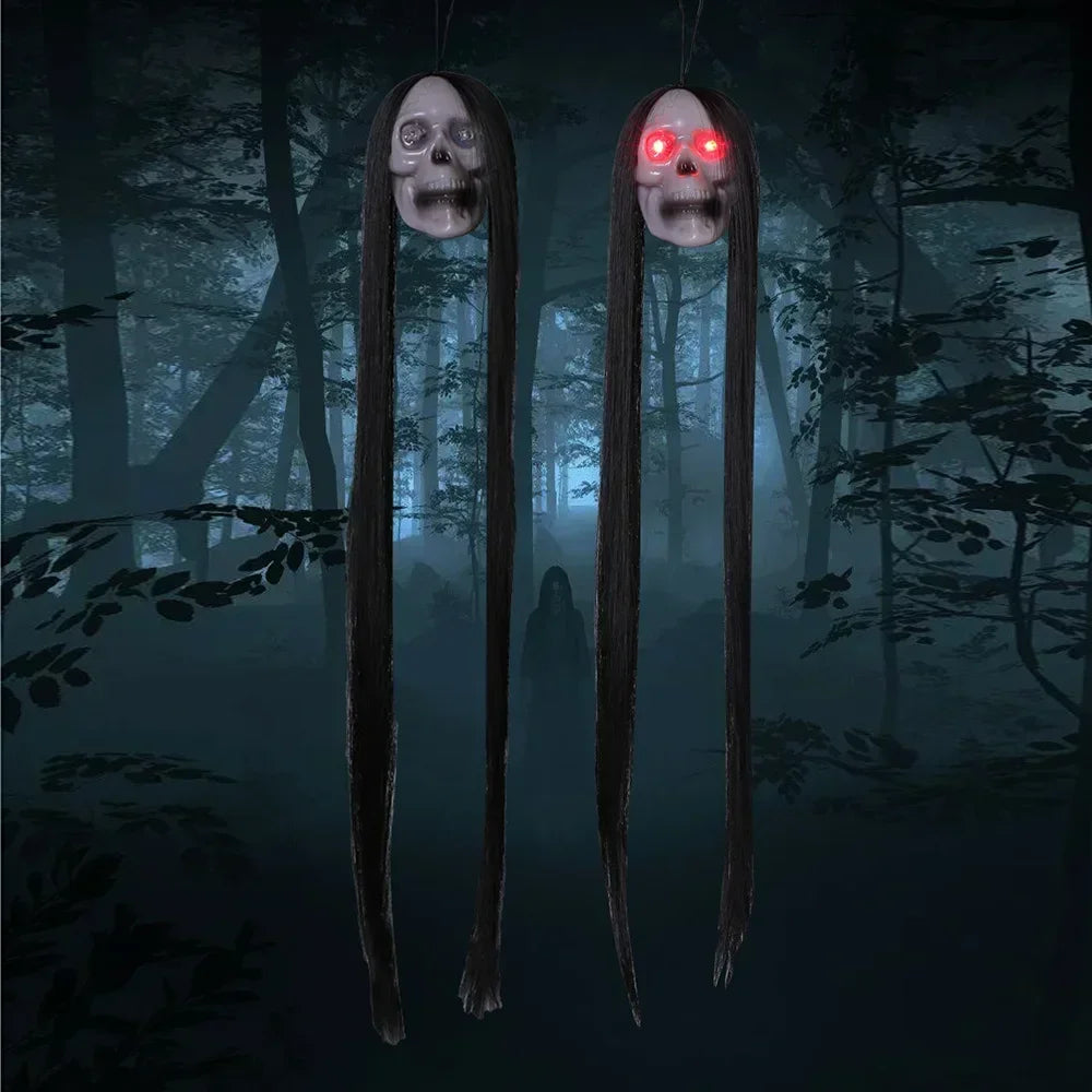 Halloween Hanging Ghost Skull – Glowing Eyes & Long Hair Decor